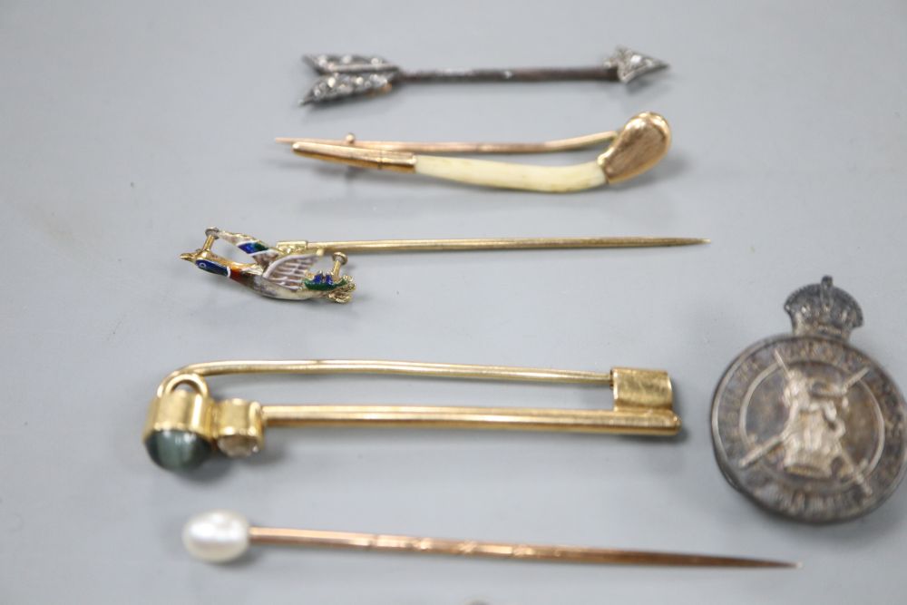 A Victorian rose cut diamond set jabot pin, three stick pins including 15ct & enamel flying duck & 3 other brooches.